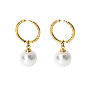 Gold Plated Stainless Steel Huggie Hoop Earrings with Drop Freshwater Pearl – Elegant Minimalist Dangle Style
