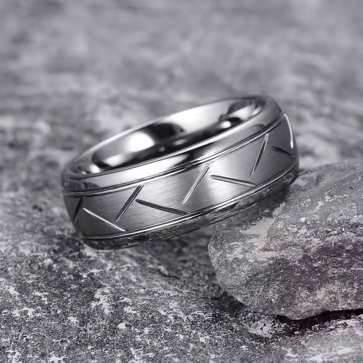 8mm Tungsten Carbide Wedding Band Ring – Domed Grooved Brushed Design – Comfort Fit for Men in Silver or Black