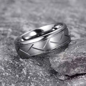 8mm Tungsten Carbide Wedding Band Ring – Domed Grooved Brushed Design – Comfort Fit for Men in Silver or Black
