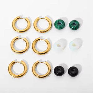Boho Opal Huggie Earrings in Gold Plated Stainless Steel – Black, Green & White Gemstone Minimalist Hoop Set