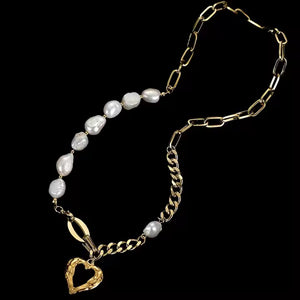 Gold Plated Stainless Steel Linked Pearl Chain Necklace with Heart Pendant – Boho Style Statement Jewelry for Women