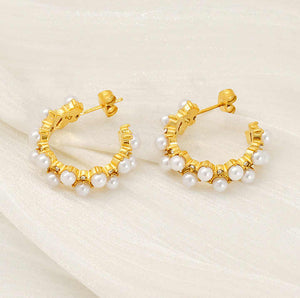 Gold Plated C-Shape Huggie Stud Earrings with Pearl & CZ, Double Line Stainless Steel Hoop Earrings for Women