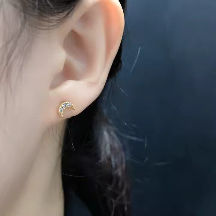Dainty Stainless Steel Moon Stud Earrings for Women – CZ Crystals, Hypoallergenic, Available in Gold & Silver
