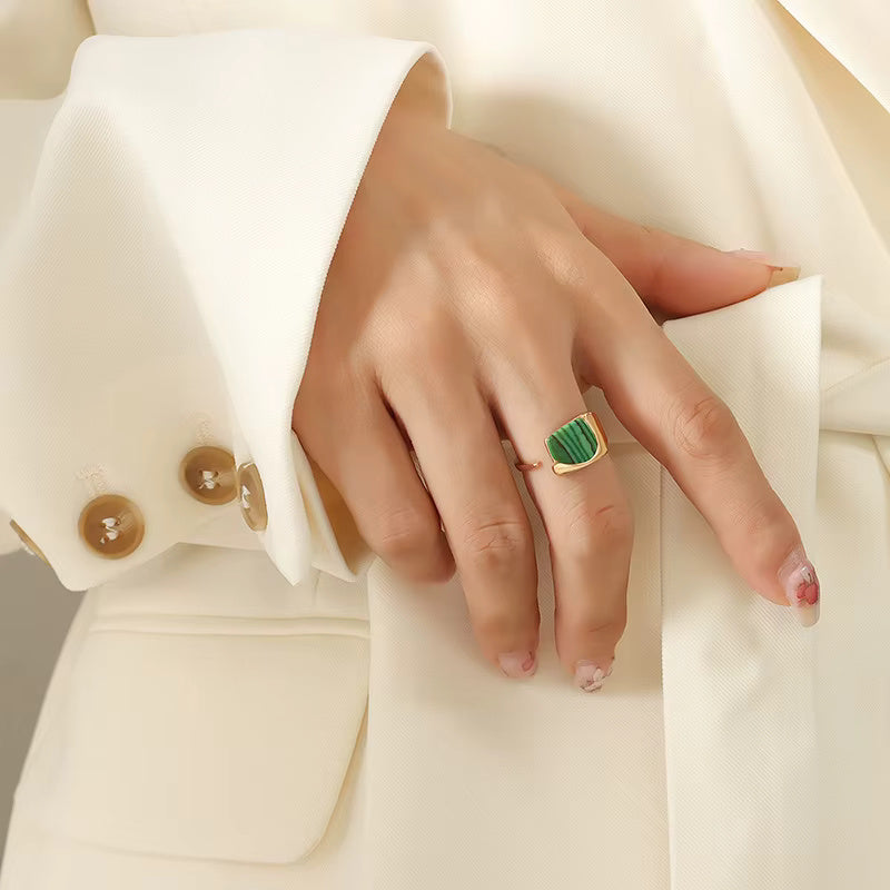 Adjustable Malachite Ring – Stainless Steel Statement Jewelry in Gold, Rose Gold, or Silver with Green Stone Accent