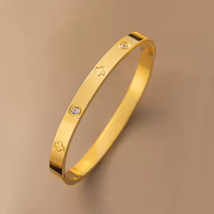 Clover Design CZ Bangle Bracelet, Stainless Steel with Cubic Zirconia, Gold, Silver & Rose Gold Colors Available