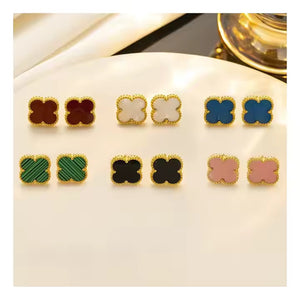 Gold Clover Stud Earrings for Women – Stainless Steel with Rhinestone & Crystal, 3 Colors Available