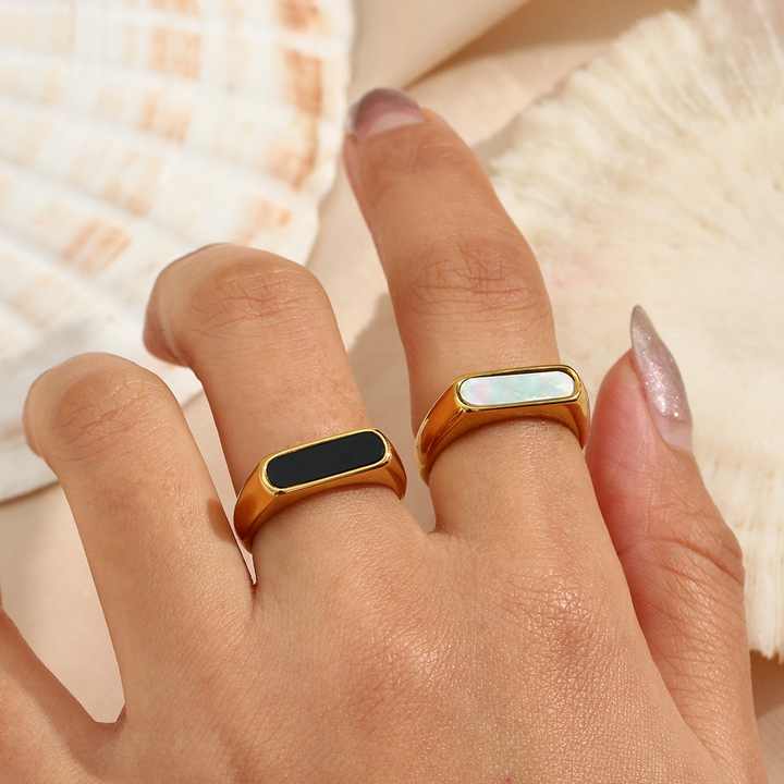 Gold Plated Oval Statement Ring – Stainless Steel Classic Band with Mother of Pearl or Black Onyx Inlay
