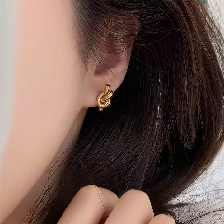 Twisted Rope Knot Stud Earrings – Stainless Steel Minimalist Design in Gold or Silver for Classic Everyday Style