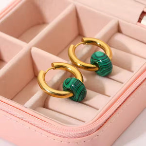 Boho Opal Huggie Earrings in Gold Plated Stainless Steel – Black, Green & White Gemstone Minimalist Hoop Set