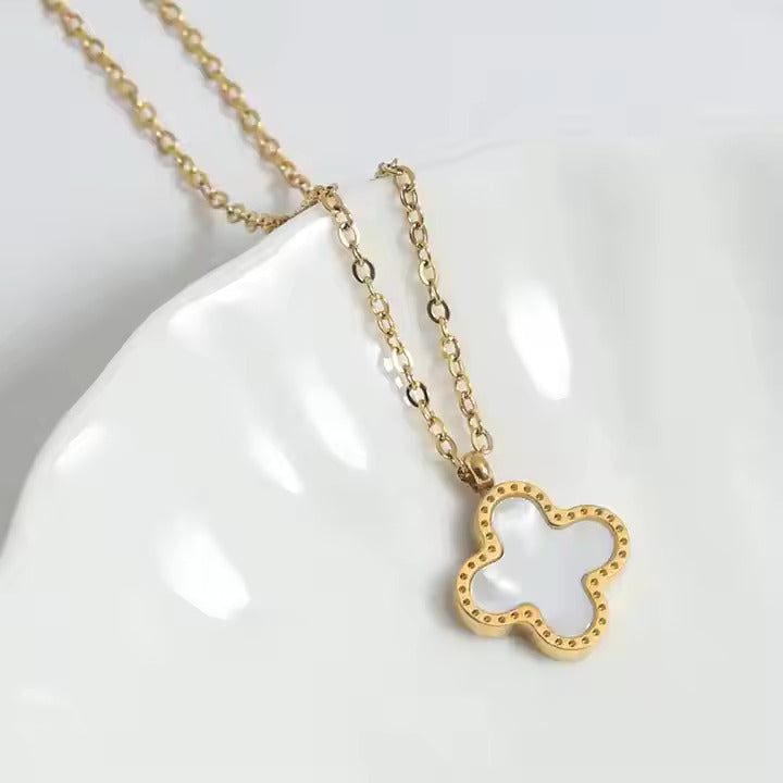 Gold Stainless Steel Clover Necklace – White, Pink & Black Crystal Charm – Dainty Pendant for Layered Looks