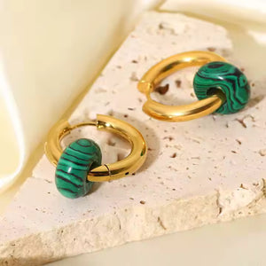 Boho Opal Huggie Earrings in Gold Plated Stainless Steel – Black, Green & White Gemstone Minimalist Hoop Set