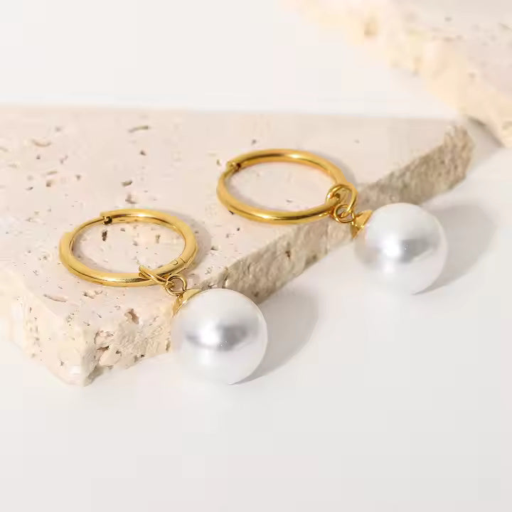 Gold Plated Stainless Steel Huggie Hoop Earrings with Drop Freshwater Pearl – Elegant Minimalist Dangle Style
