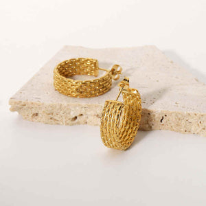 Gold Plated Stainless Steel Chunky Twist Circle Earrings – Bold Stud Huggie Style with Statement CC-Inspired Design