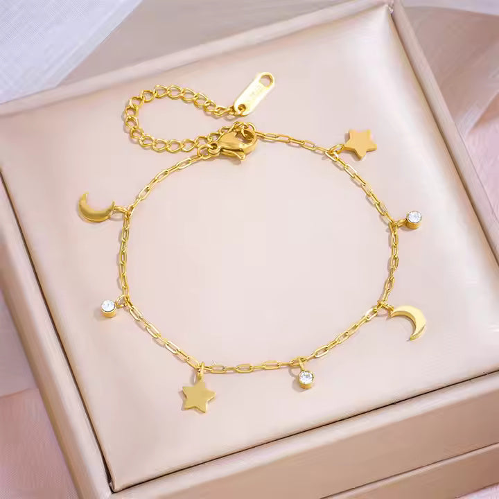 Stainless Steel Multi-Charm Dangle Anklet or Bracelet – Star, Heart, CZ Accents – Gold, Silver & Rose Gold Ankle Jewelry