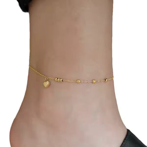 Gold Plated Stainless Steel Tiny Heart Beaded Anklet – Delicate Summer Charm Chain for Casual & Beach Style