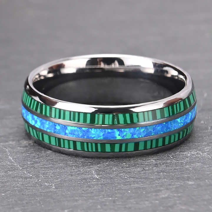 8mm Silver Tungsten Carbide Ring with Green Malachite & Opal Inlay – Domed Unisex Wedding Band – Fashion Engagement Jewelry