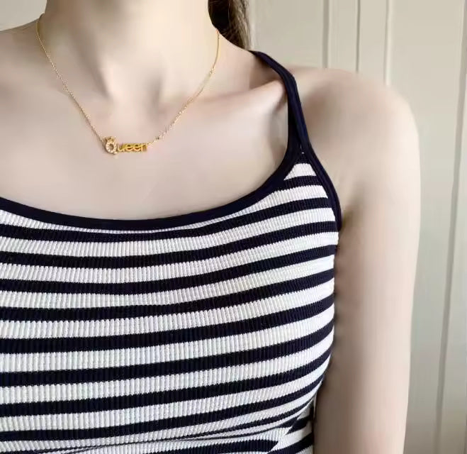 Queen Tiara Pendant Necklace, Gold Plated Stainless Steel, CZ Crystal Accents, Trendy Statement Jewelry Gift