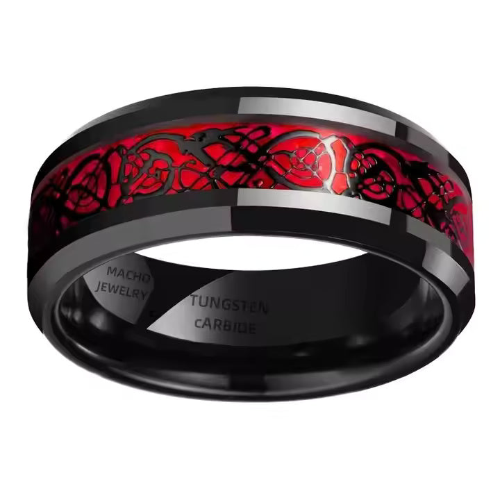 8mm Black Tungsten Carbide Wedding Band with Celtic Dragon Inlay – Red or Green Pattern – Unique Ring for Men, Comfort Fit