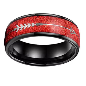 8mm Black Tungsten Carbide Ring with Red or Blue Meteorite Inlay and Deer Arrow Design – Hunter Wedding Band