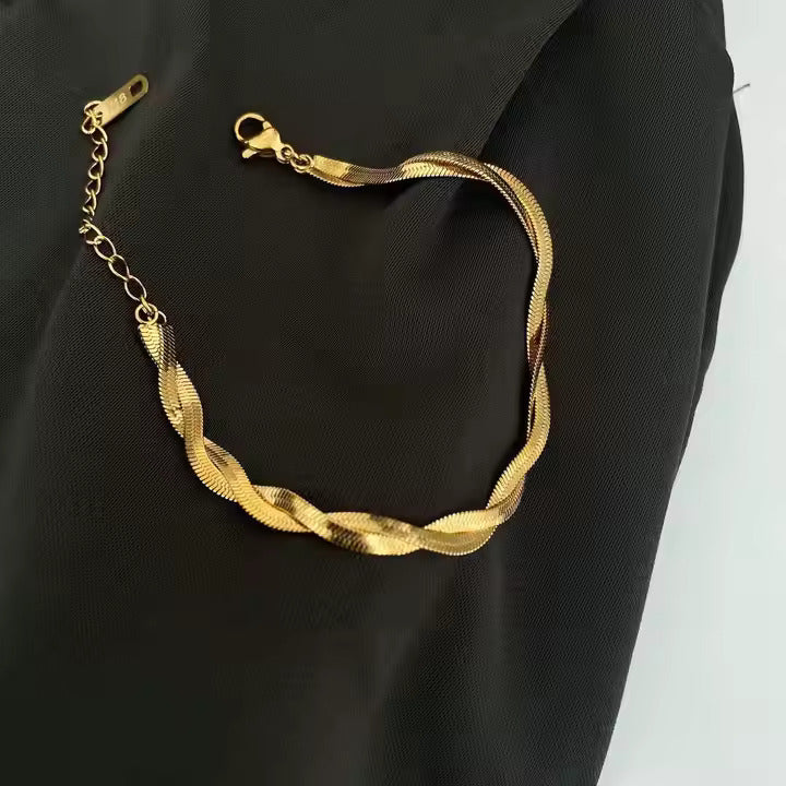 Twisted Herringbone Gold Bracelet – Stainless Steel, Bold & Elegant Everyday Jewelry, Minimalist Style