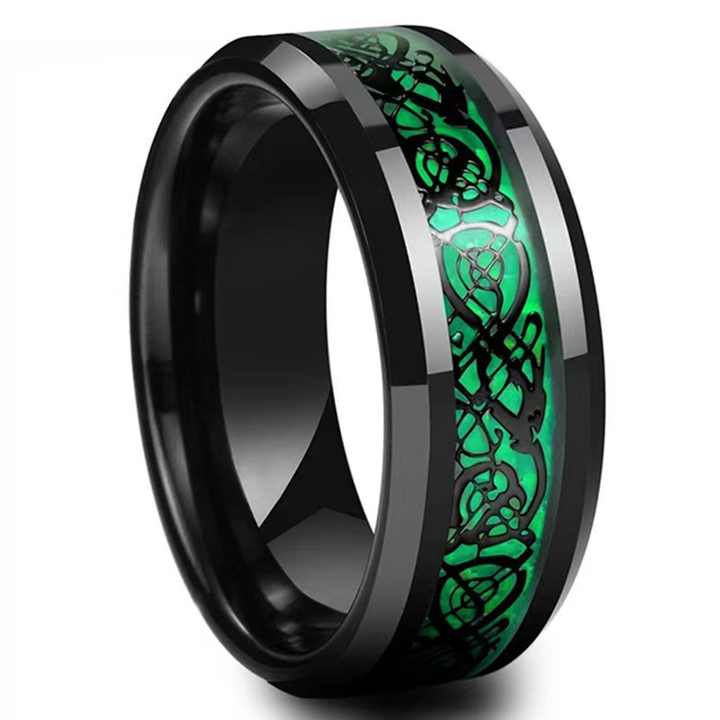 8mm Black Tungsten Carbide Wedding Band with Celtic Dragon Inlay – Red or Green Pattern – Unique Ring for Men, Comfort Fit