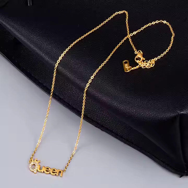 Queen Tiara Pendant Necklace, Gold Plated Stainless Steel, CZ Crystal Accents, Trendy Statement Jewelry Gift