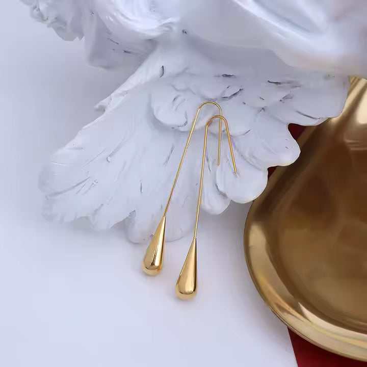 Long Hook Water Drop Dangle Earrings for Women, Stainless Steel, Elegant Teardrop Design, Gold & Silver Tones