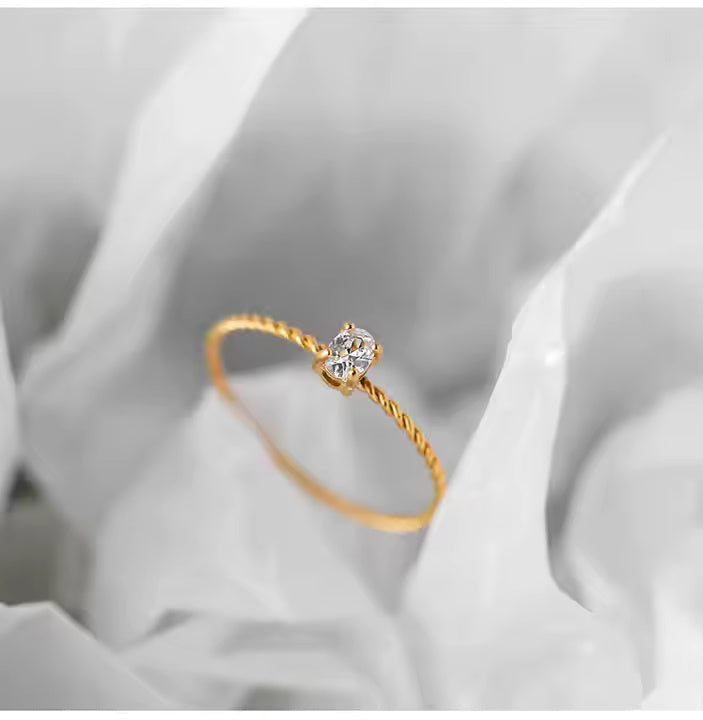 Solitaire Oval CZ Engagement Ring for Women, Thin Rope Chain Band, 18K Gold Plated Stainless Steel Wedding Ring