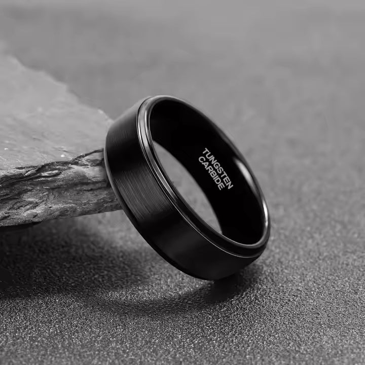 8mm Black Tungsten Carbide Wedding Band for Men – Matte Brushed Finish Comfort Fit Ring – Scratch Resistant