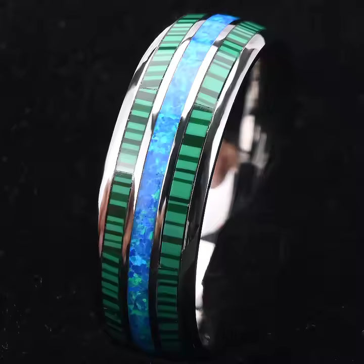 8mm Silver Tungsten Carbide Ring with Green Malachite & Opal Inlay – Domed Unisex Wedding Band – Fashion Engagement Jewelry