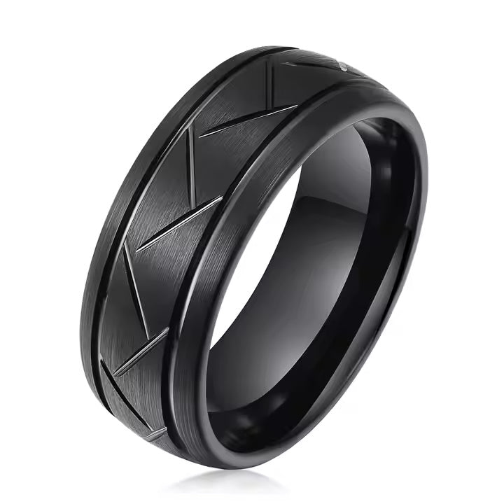8mm Tungsten Carbide Wedding Band Ring – Domed Grooved Brushed Design – Comfort Fit for Men in Silver or Black