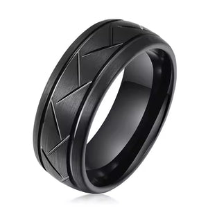 8mm Tungsten Carbide Wedding Band Ring – Domed Grooved Brushed Design – Comfort Fit for Men in Silver or Black