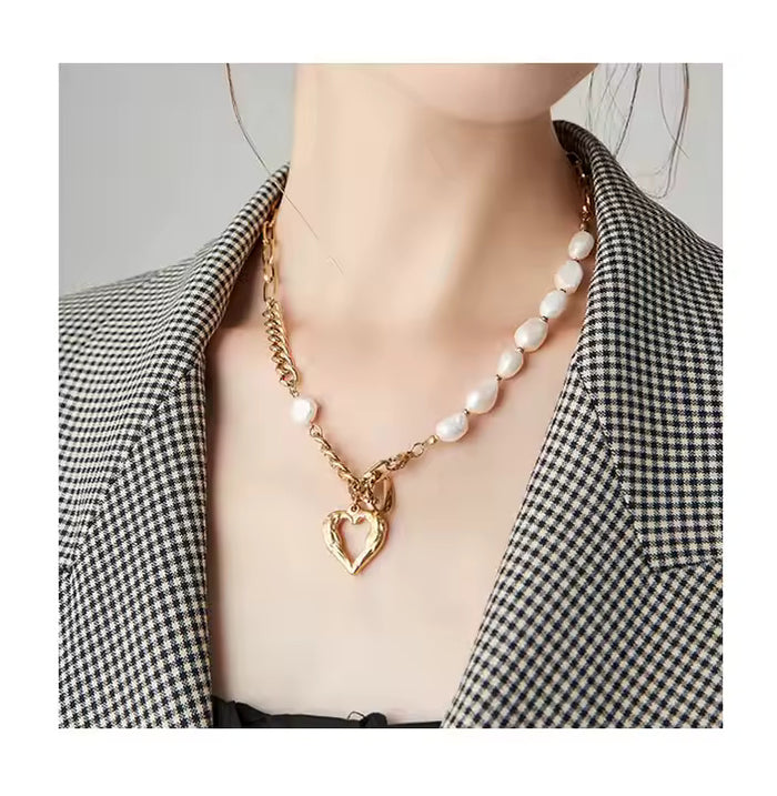 Gold Plated Stainless Steel Linked Pearl Chain Necklace with Heart Pendant – Boho Style Statement Jewelry for Women