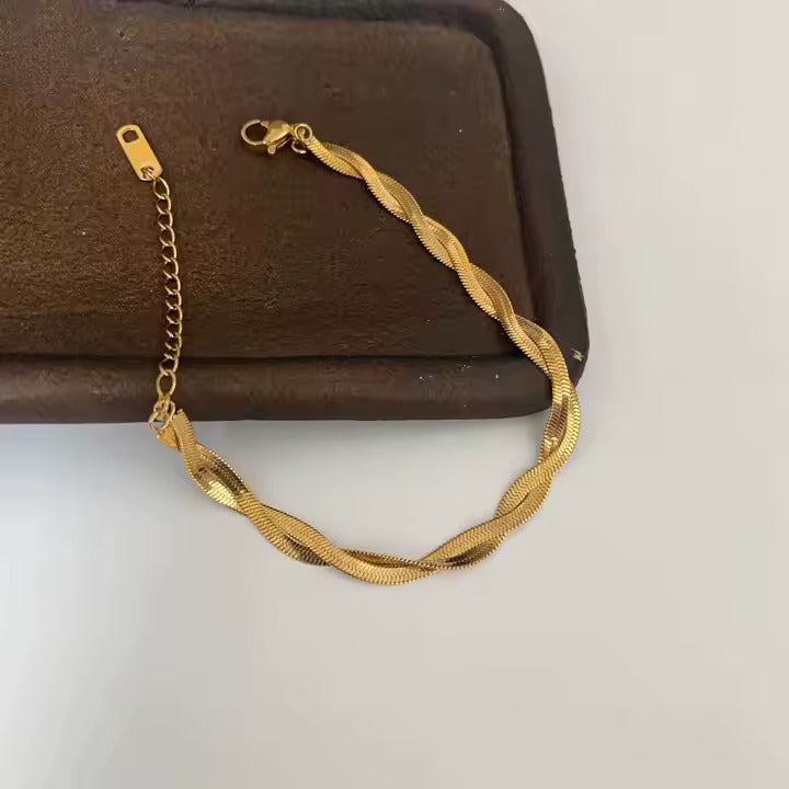 Twisted Herringbone Gold Bracelet – Stainless Steel, Bold & Elegant Everyday Jewelry, Minimalist Style