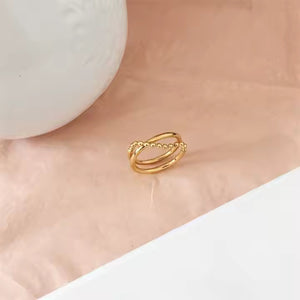 Double Layer Beaded Chain Ring – 18K Gold Plated Stainless Steel Statement Band with Minimalist Stacked Design