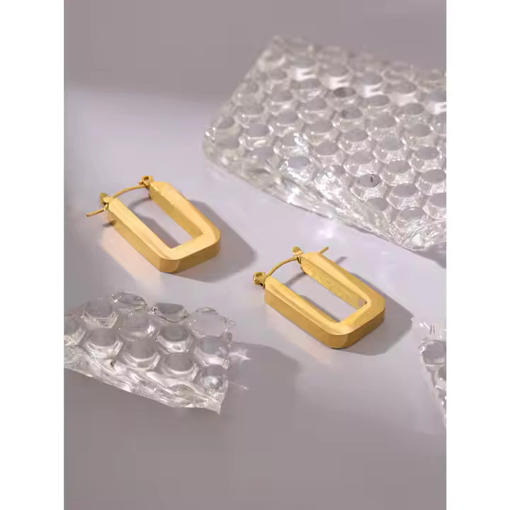 Geometric U-Shape Rectangle Earrings – 18K Gold Plated or Silver Stainless Steel Minimalist Drop Studs