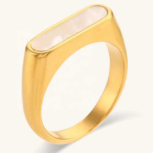 Gold Plated Oval Statement Ring – Stainless Steel Classic Band with Mother of Pearl or Black Onyx Inlay