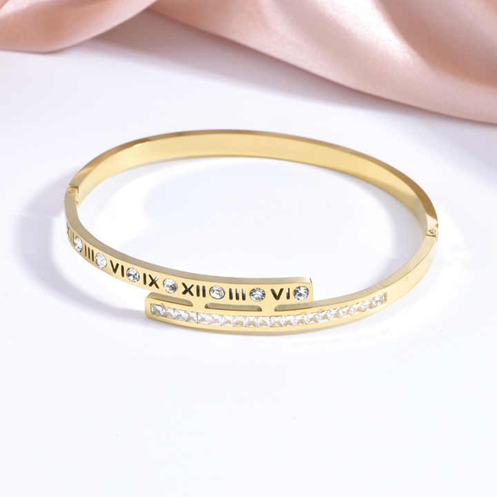 Roman Numeral Bangle Bracelet – Gold Plated Stainless Steel with Cubic Zirconia Inlay, Minimalist Elegant Style