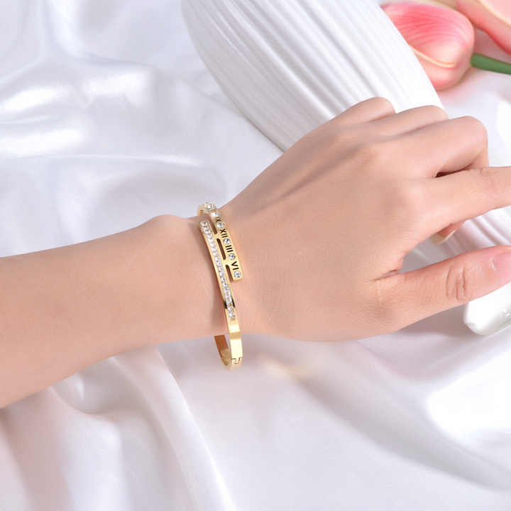 Roman Numeral Bangle Bracelet – Gold Plated Stainless Steel with Cubic Zirconia Inlay, Minimalist Elegant Style
