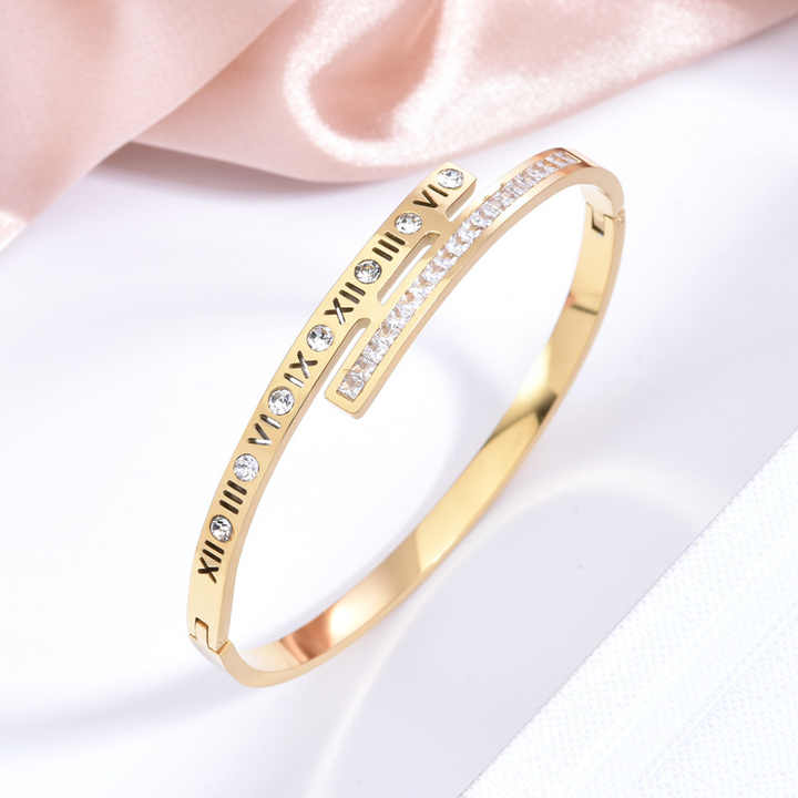Roman Numeral Bangle Bracelet – Gold Plated Stainless Steel with Cubic Zirconia Inlay, Minimalist Elegant Style