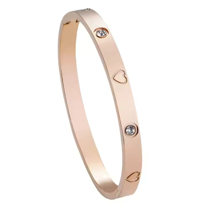 Heart Engraved CZ Bangle Bracelet, Stainless Steel with Sparkling Cubic Zirconia in Gold, Silver, Rose Gold
