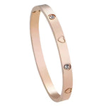 Heart Engraved CZ Bangle Bracelet, Stainless Steel with Sparkling Cubic Zirconia in Gold, Silver, Rose Gold