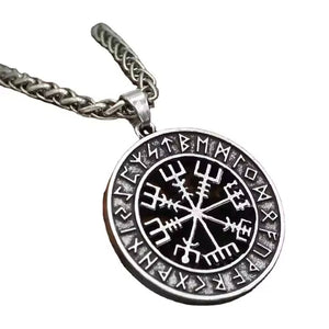 Men’s Viking Vegvisir Pendant Necklace – Stainless Steel Norse Compass in Runic Circle, Antique Silver Finish
