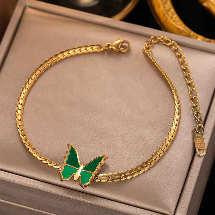Gold Plated Stainless Steel Green Butterfly Anklet – Dainty Women’s Chain Ankle Bracelet for Summer & Beachwear