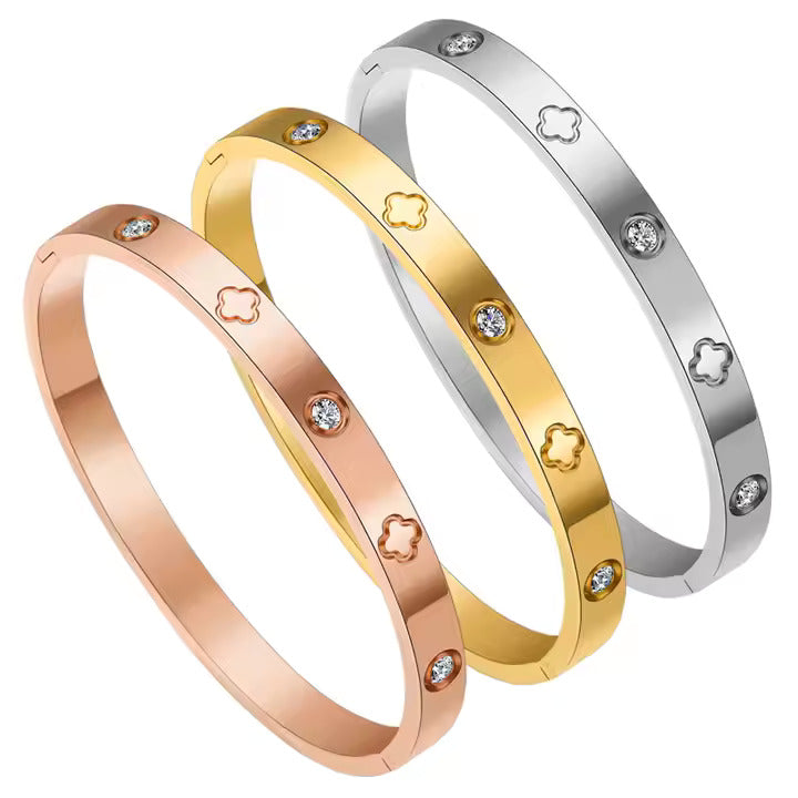 Clover Design CZ Bangle Bracelet, Stainless Steel with Cubic Zirconia, Gold, Silver & Rose Gold Colors Available