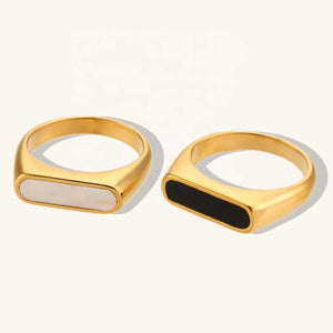 Gold Plated Oval Statement Ring – Stainless Steel Classic Band with Mother of Pearl or Black Onyx Inlay