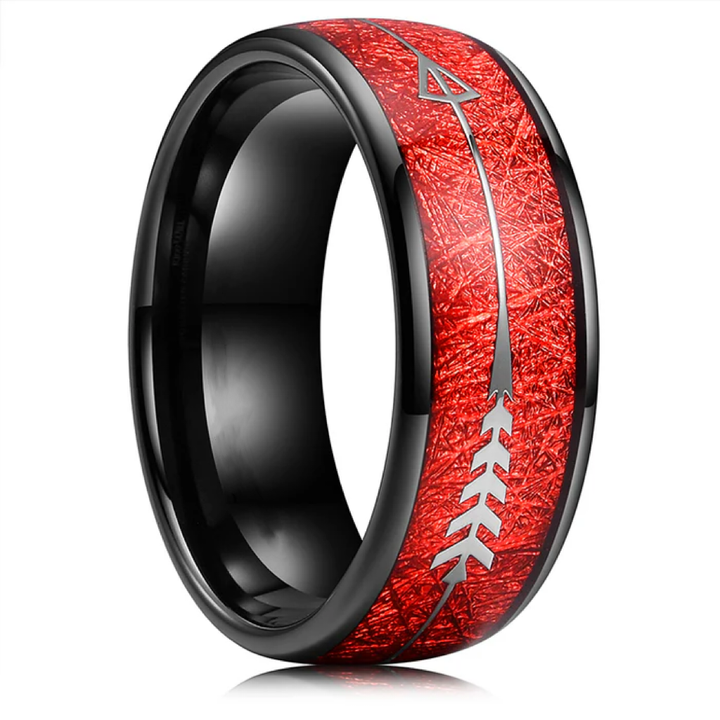 8mm Black Tungsten Carbide Ring with Red or Blue Meteorite Inlay and Deer Arrow Design – Hunter Wedding Band