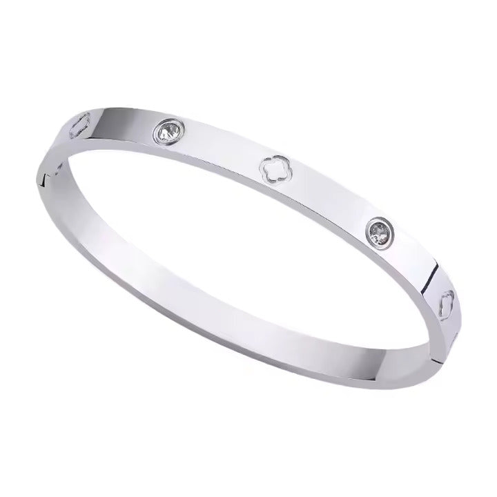 Clover Design CZ Bangle Bracelet, Stainless Steel with Cubic Zirconia, Gold, Silver & Rose Gold Colors Available