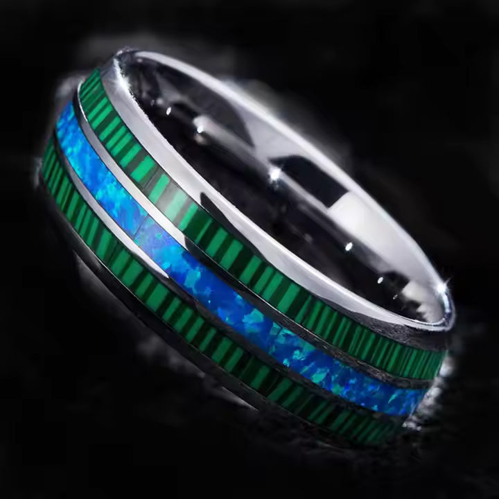 8mm Silver Tungsten Carbide Ring with Green Malachite & Opal Inlay – Domed Unisex Wedding Band – Fashion Engagement Jewelry