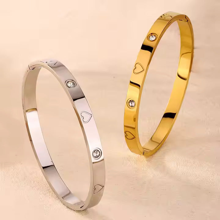 Heart Engraved CZ Bangle Bracelet, Stainless Steel with Sparkling Cubic Zirconia in Gold, Silver, Rose Gold